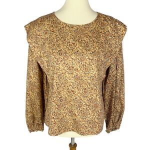 NEW a.n.a. Layla Floral Blue Rust Keyhole Back Ruffle Long Sleeve Popover Top M